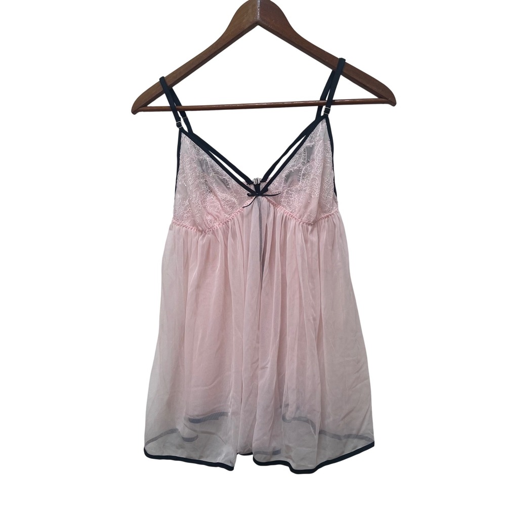 Victoria's Secret Pink Sheer Lace Babydoll Chemise Black Trim M Sexy Coquette